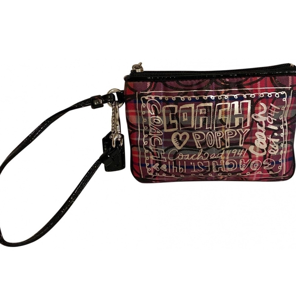 Coach poppy multicolor plaid nylon wristlet